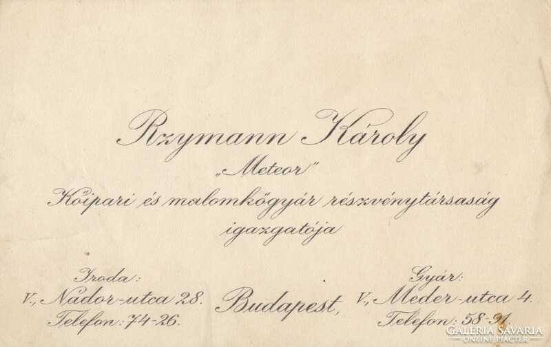 Rzymann Károly a Meteor Kőipari és Malomkőgyár Rt. igazgatójának névjegykártyája
