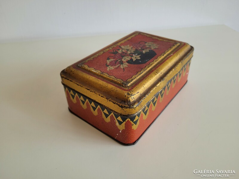 Old metal box with snow flower pattern, vintage Saint Stephen chicory coffee supplement box