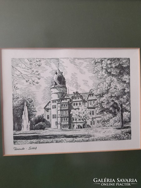 A wonderful etching of the princely castle in Detmold, Germany