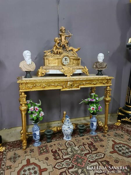 Gilded console table with beige marble top