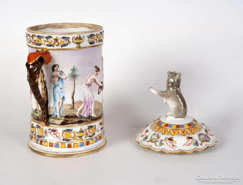 Capodimonte porcelain lidded cup with a wolf figure on top