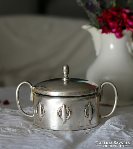 Art deco silver-plated sugar bowl with flawless etched glass insert