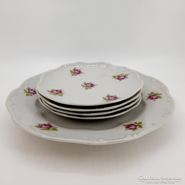 Zsolnay rose cake set, with 4 small plates