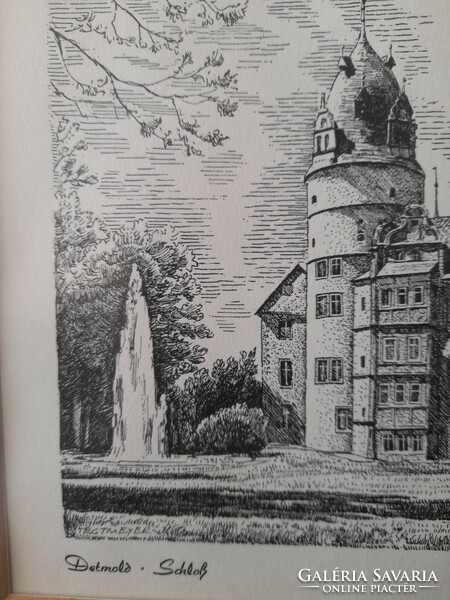 Csodálatos rézkarc a Detmoldban lévő fejedelmi várról Németországban
