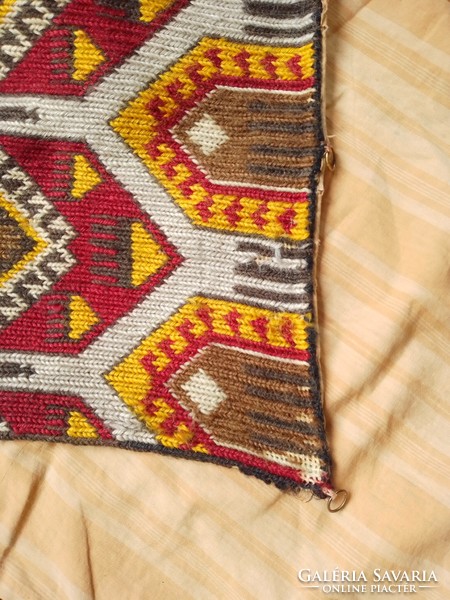 Antique old wool kilim hand-embroidered colorful geometric pattern long fringe wall hanging tapestry