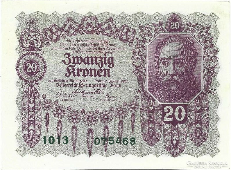 20 korona kronen 1922 Ausztria aUNC
