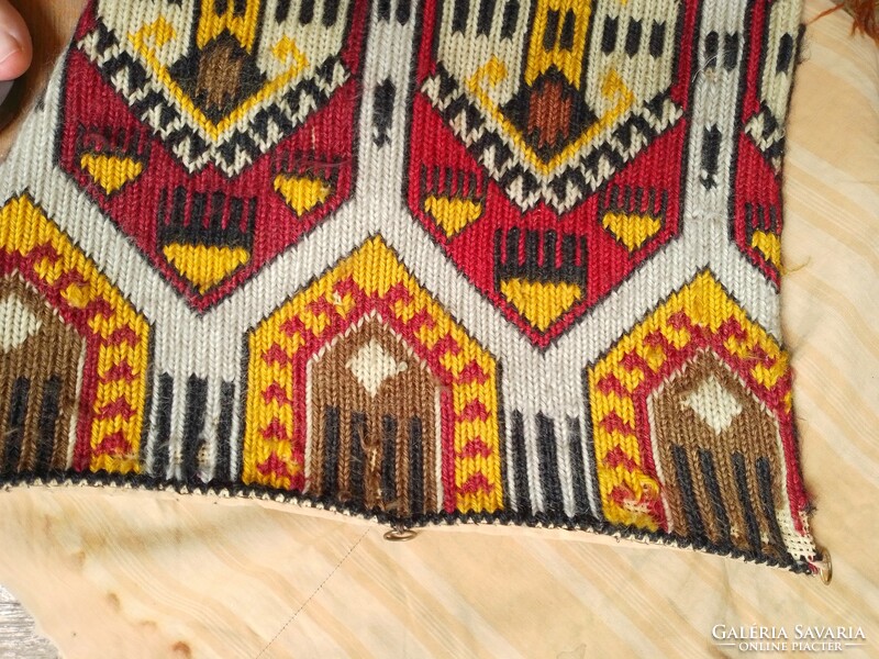 Antique old wool kilim hand-embroidered colorful geometric pattern long fringe wall hanging tapestry