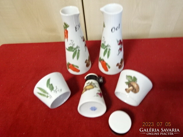 German porcelain, vegetable patterned breakfast set, oil and vinegar pourer, salt shaker, egg holders. Jokai.