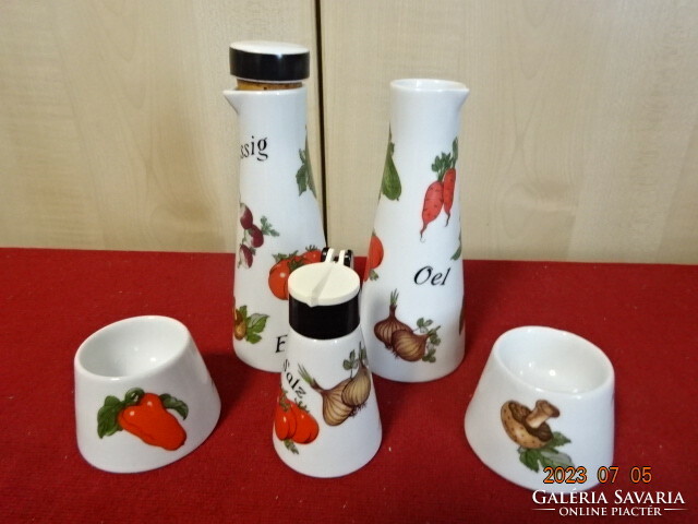 German porcelain, vegetable patterned breakfast set, oil and vinegar pourer, salt shaker, egg holders. Jokai.