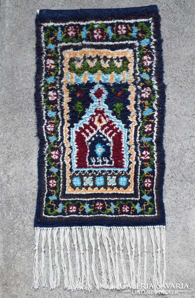 Prayer rug, wall decoration, hand-knotted rug 65 x 37 cm + 20 cm fringe