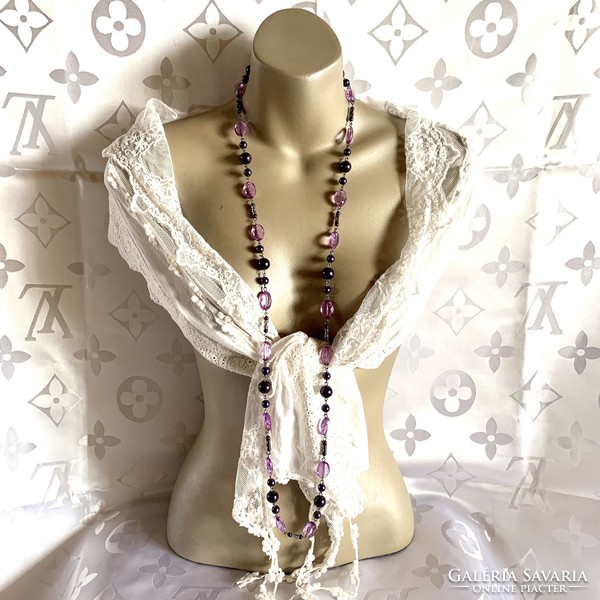 Long 110cm purple acrylic pearl unique vintage necklace from the 1970s old jewelry pearl string