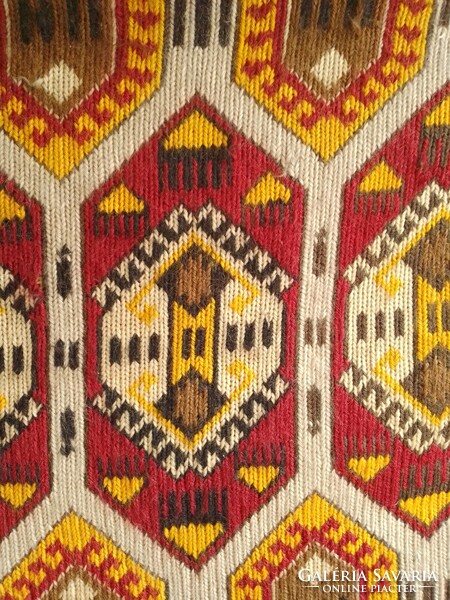 Antique old wool kilim hand-embroidered colorful geometric pattern long fringe wall hanging tapestry