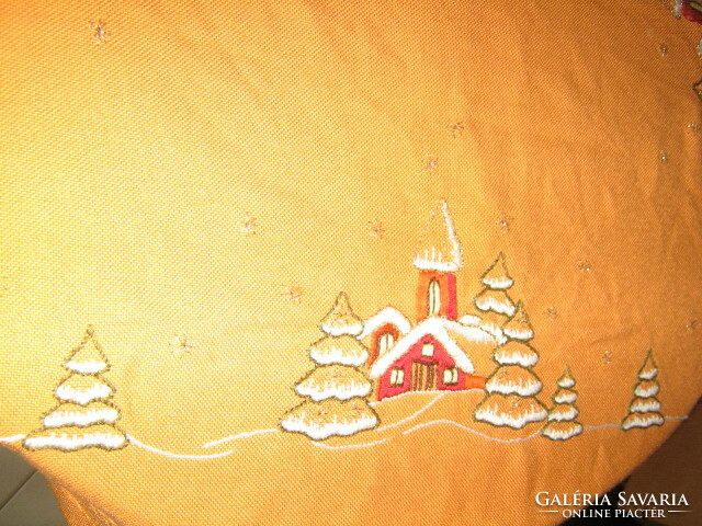 Beautiful antique Christmas-winter hand-embroidered orange tablecloth