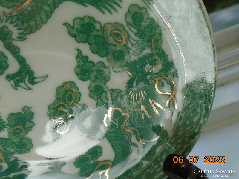 2 Japanese small plates with gold contoured green dragon pattern