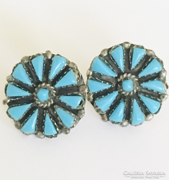Art deco style large silver earrings turquoise flower