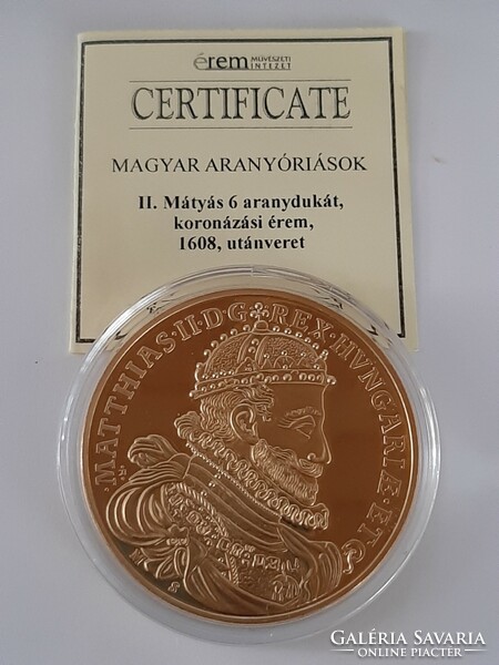 II. Mátyás 6 aranydukát koronázási érem 1608, utánveret 24 karátos arannyal bevont UNC kapszulában