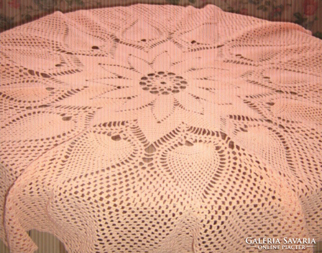 Dreamy salmon pink round hand crocheted tablecloth