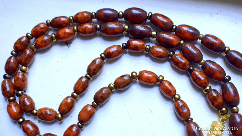 Old polished red brown jasper necklace with tiny swarovski centers 57cm