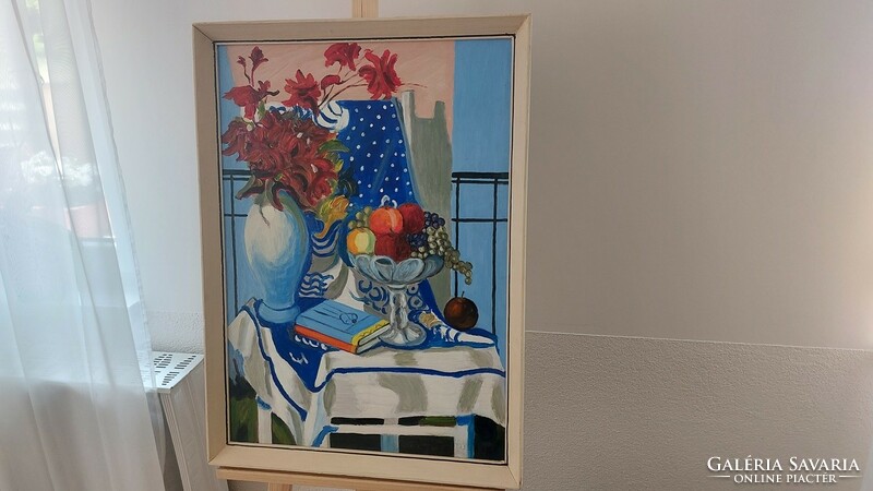 (K) Hangulatos virágcsendélet festmény 54x76 cm kerettel