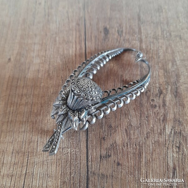 Antique silver plated brooch with marcasite