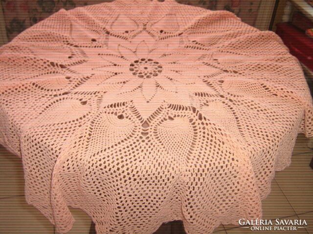 Dreamy salmon pink round hand crocheted tablecloth