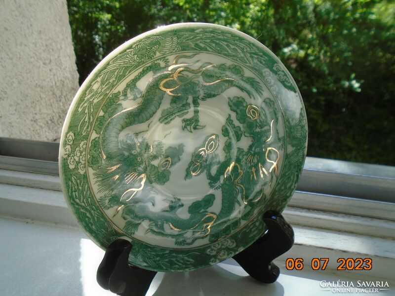 2 Japanese small plates with gold contoured green dragon pattern
