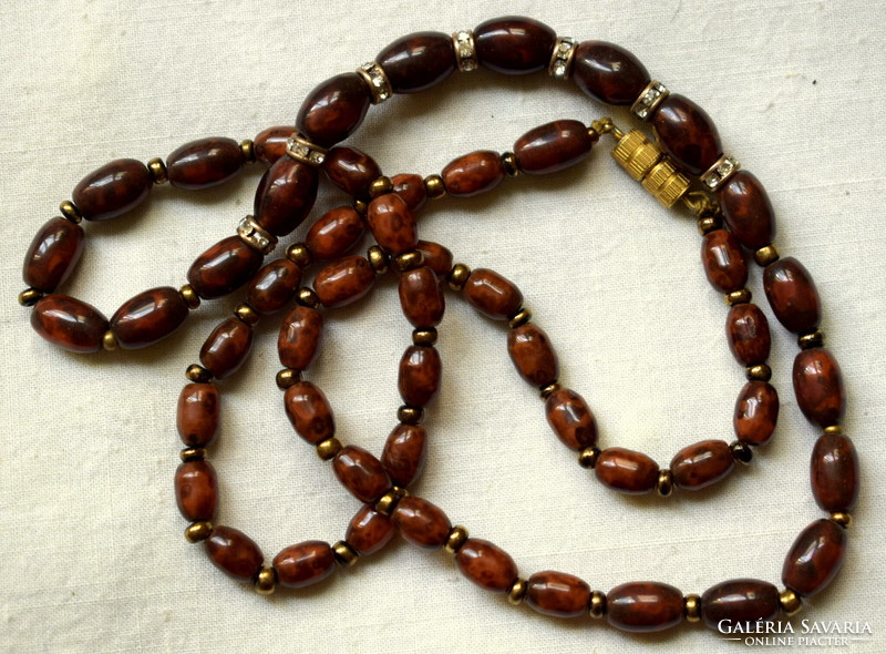 Old polished red brown jasper necklace with tiny swarovski centers 57cm