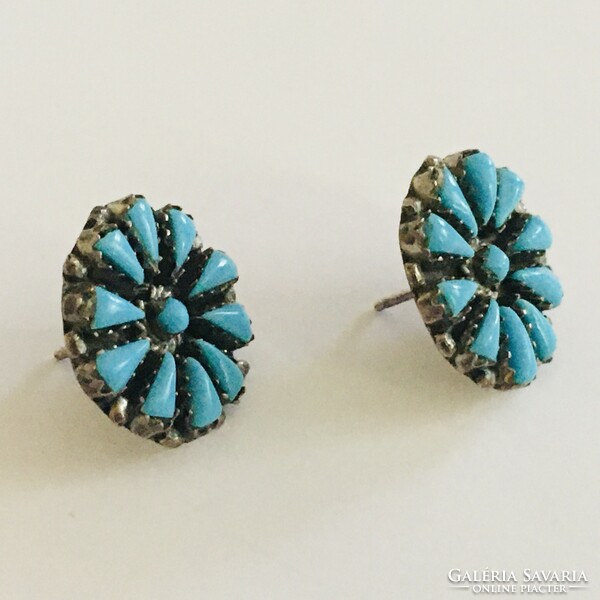 Art deco style large silver earrings turquoise flower