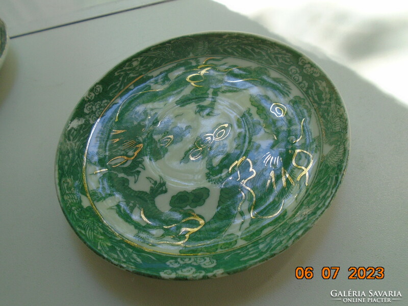 2 Japanese small plates with gold contoured green dragon pattern