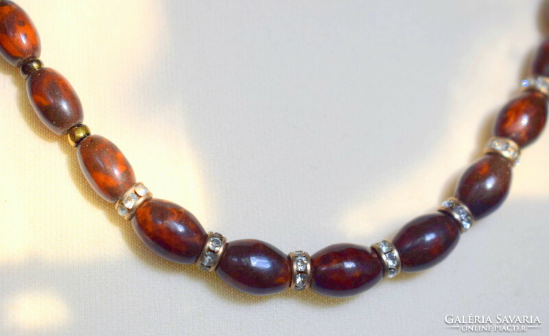 Old polished red brown jasper necklace with tiny swarovski centers 57cm