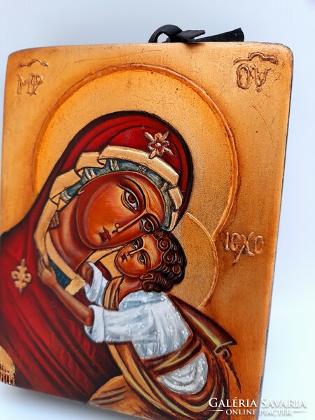 Very nicely painted old effect wooden board icon, marked, 13.5 x 10.5 cm
