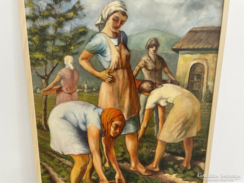 Lajos Schwer social real antique painting strawberry pickers life picture village scene