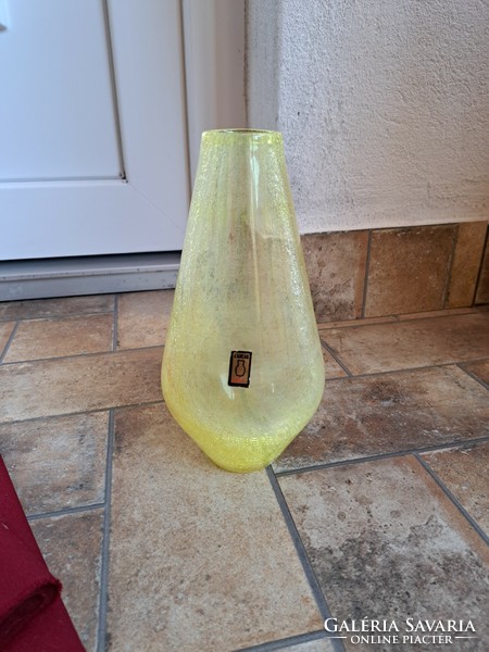 Yellow veil glass Karcagi, Berekfürdő 20 cm high vase for flowers, mid-century modern