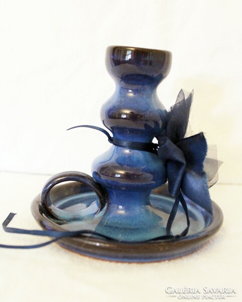 Blue glazed ceramic walking candle holder