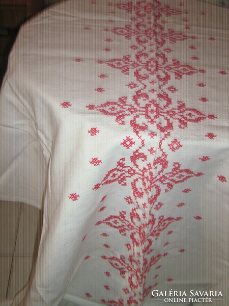 Beautiful antique hand-embroidered cross-stitch elegant woven linen tablecloth