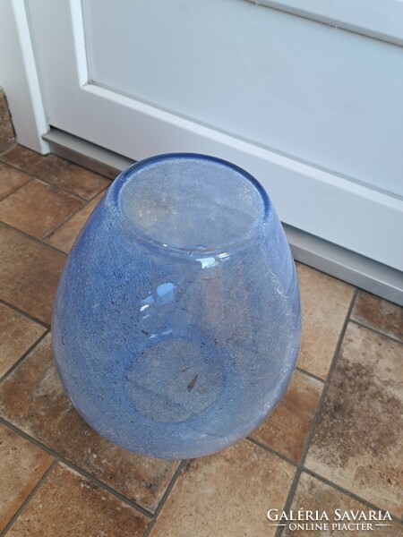 Retro kék gömb váza repesztett Gyönyörű  Fátyolüveg fátyol karcagi berekfürdői üveg