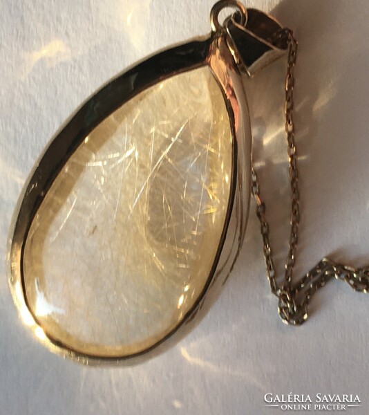 Huge rutile quartz pendant gilded silver minimalist