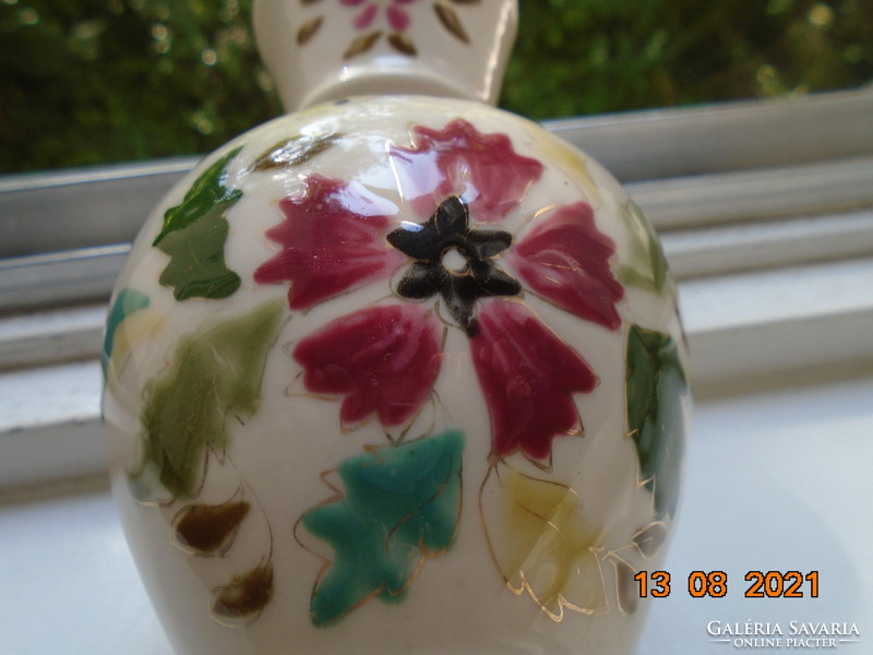 Antique Zsolnay type, hand-painted, hand-numbered majolica vase with flowers and butterflies