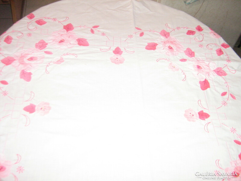 Beautiful vintage sewn-on pink rose pattern tablecloth