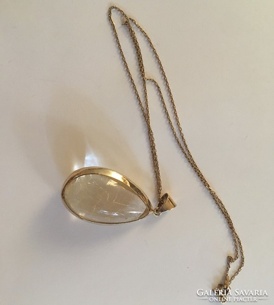 Huge rutile quartz pendant gilded silver minimalist
