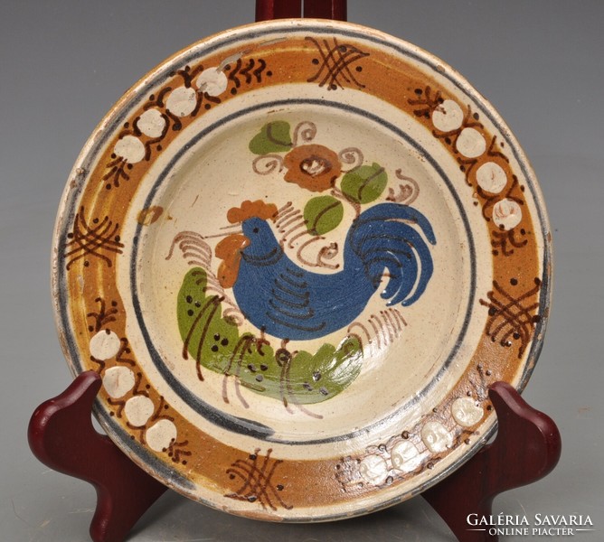 Transylvanian earthenware rooster plate, field, 100 years old