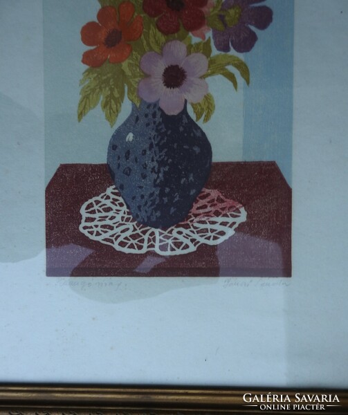 Jánosi Sándor (1927-): Pillangóvirág kőnyomat, jelzett, keretben 42x52 cm