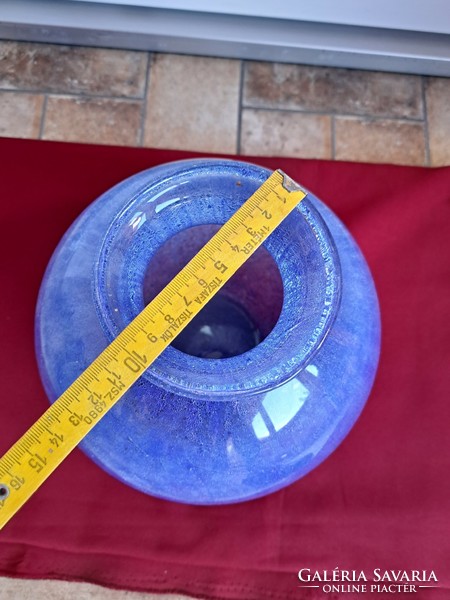Retro kék ritkább formájú gömb váza repesztett Gyönyörű  Fátyolüveg fátyol karcagi berekfürdői üveg