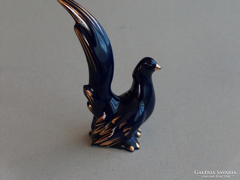 Flawless cobalt blue pheasant rooster porcelain statue with gold decoration, marked