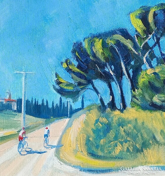 Tuscan landscape with cyclists - oil painting