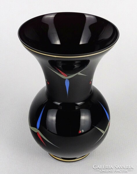 1N497 Régi kézzel festett fekete üveg váza 16 cm