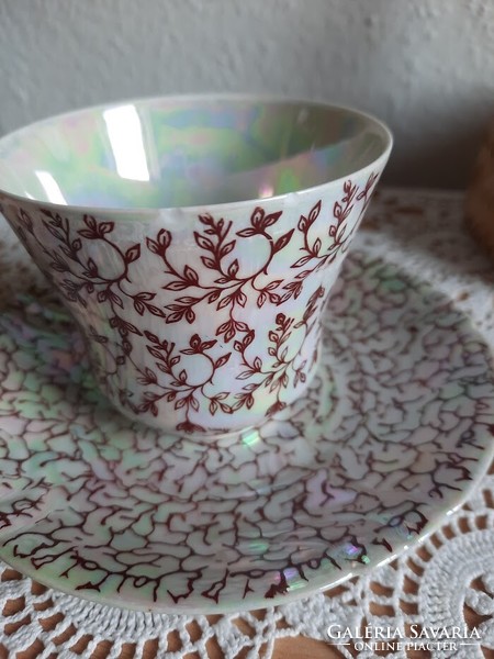 Weimar porcelain GDR German teacup set with iridescent glaze.