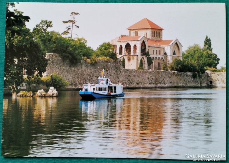 Tata, door ii. Strolling boat with the castle, postmarked postcard