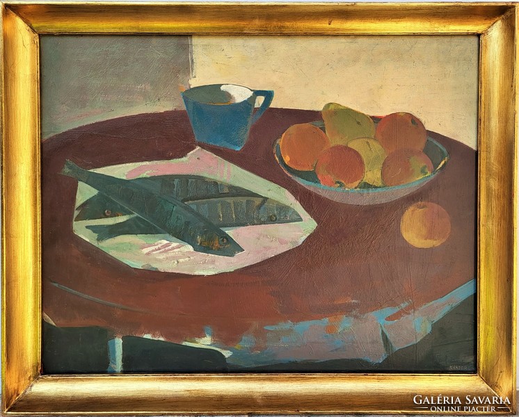 Lajos Kántor (1922 - 2013) fish still life 1960 c. Gallery painting with original guarantee!