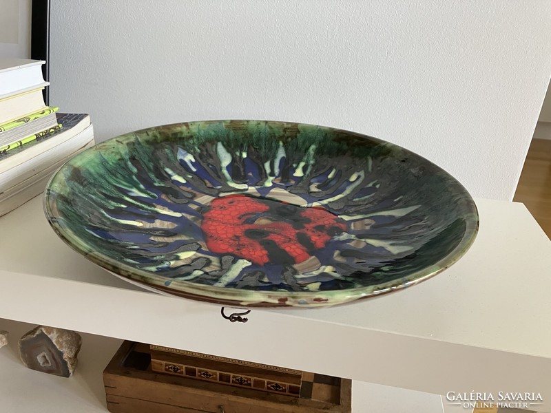 Retro old large size 36 cm Városlód glazed ceramic bowl mid century wall decoration wall bowl